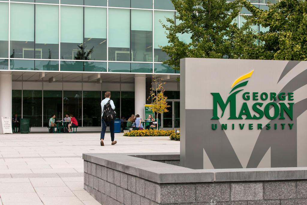 An image of Mason's campus sign on Mason Square